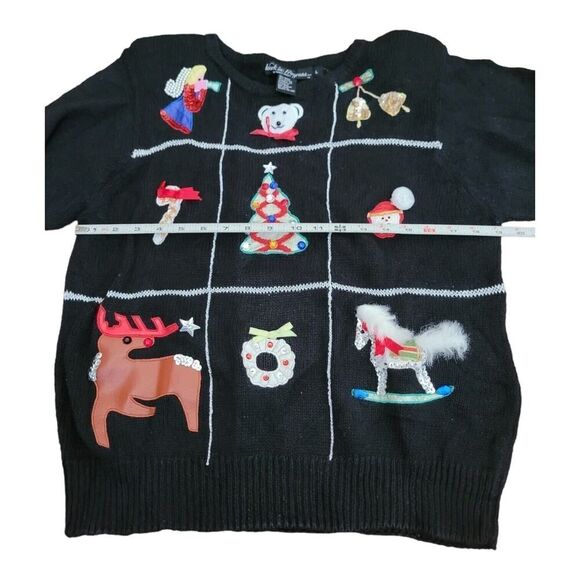 Vintage Ugly Christmas Sweater Reindeer Angels Bells Black SZ L - Picture 3 of 5